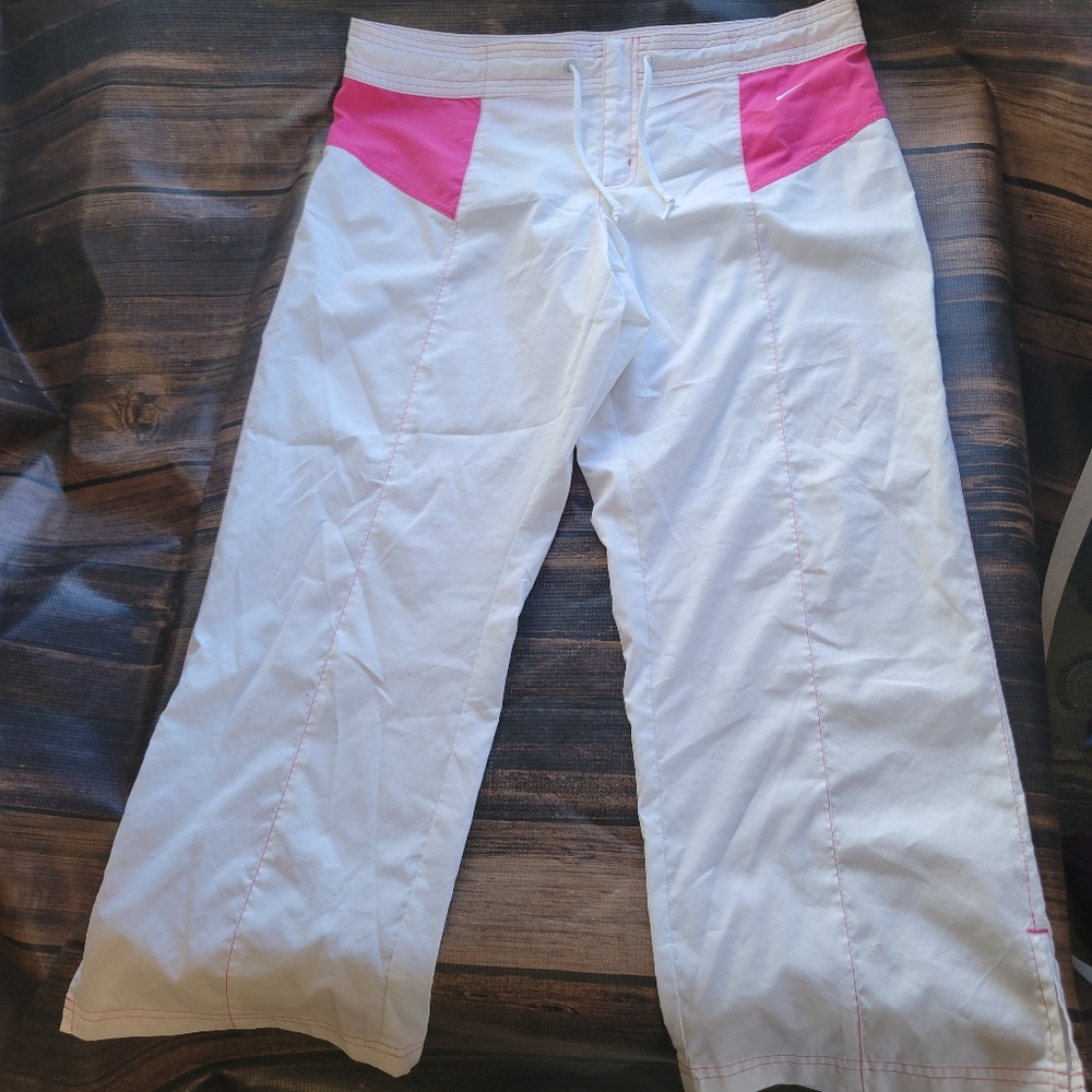 Nike Vintage Crop Pants Windbreaker White Pink Wide Leg L